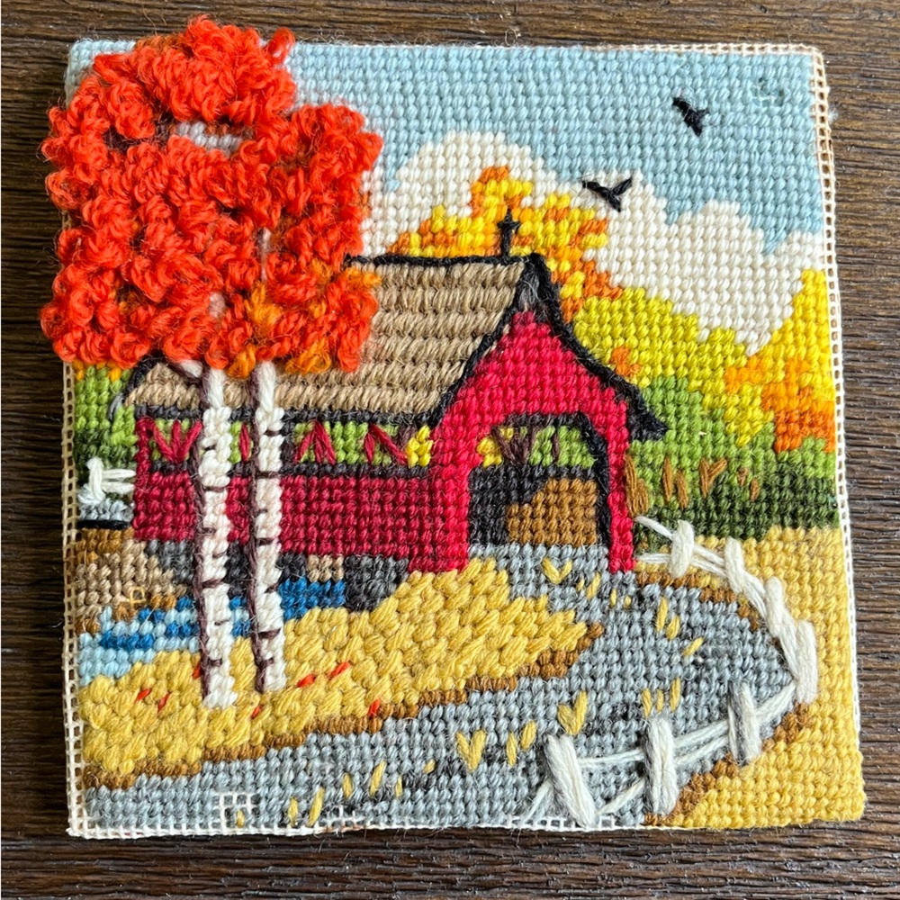 Fall Leaves | Red Barn Covered Bridge Canvas | Unframed | 5”x5” Design | Vintage